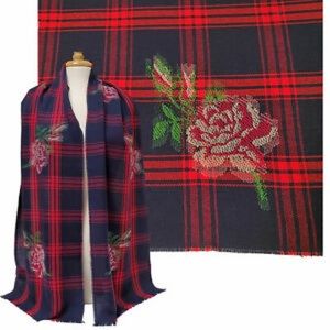 New Gucci Navy Tartan Plaid Scarf w/ Roses
